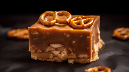 Caramel salted caramel with pretzels on a black backgroundの素材