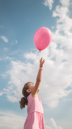 Little girl with pink balloon over blue sky background. Freedom concept.の素材