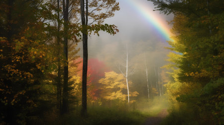 Autumn forest and rainbow in the fog. Colorful autumn landscapeの素材
