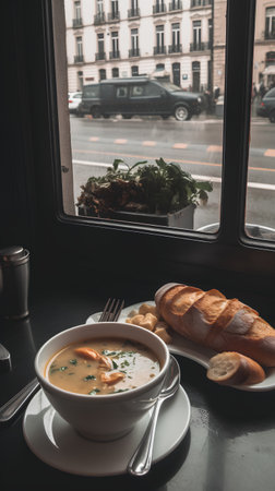 Creamy soup in a white bowl on a black table near the window.の素材