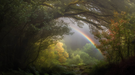 Rainbow in the rainforest with fog and trees in autumn colorsの素材
