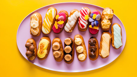 Assortment of eclairs on plate isolated on yellow background.の素材