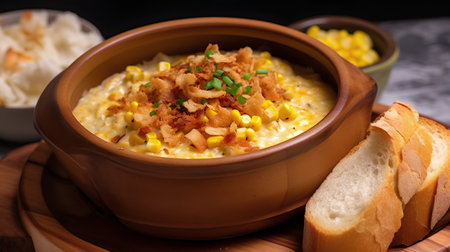 Creamy corn soup with croutons in a clay potの素材