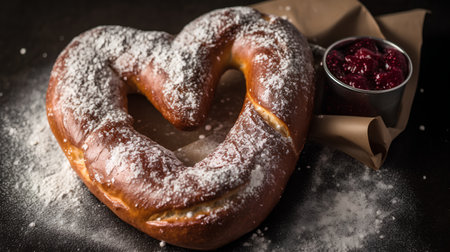 Sweet bavarian pretzel with raspberry jam on a black backgroundの素材
