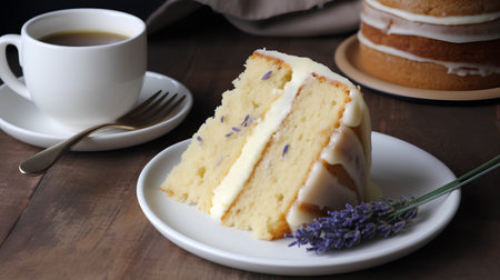 Cake with lavender and coffee on a wooden background. Selective focus.の素材