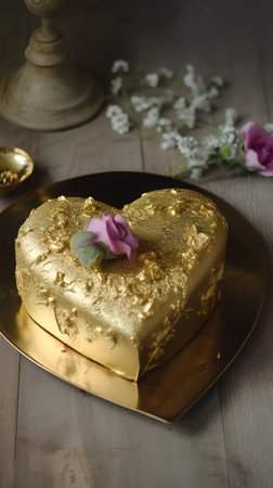 Heart-shaped gold cake for Valentine's Day on a wooden backgroundの素材