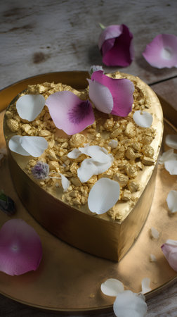 Heart-shaped cake on a golden tray with rose petals.の素材