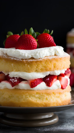 Strawberry cake with whipped cream and fresh berries on black backgroundの素材