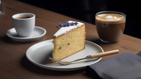 Lavender cake and coffee on the wooden table, selective focusの素材