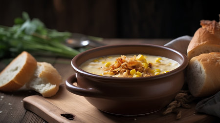 Creamy corn soup with croutons in bowl, selective focusの素材