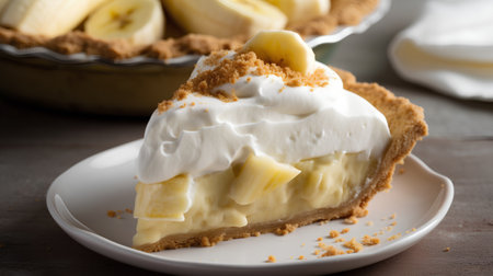 Slice of apple pie with whipped cream and fresh bananas on a plateの素材