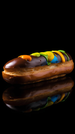Chocolate glazed eclairs on a black background with reflectionの素材