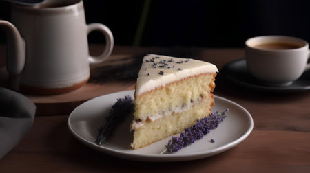 Lavender cake with cup of tea on wooden table. Selective focus.の素材