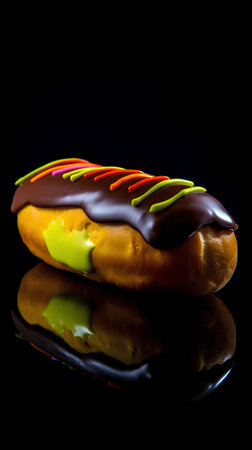 donut with chocolate glaze on a black background close-upの素材