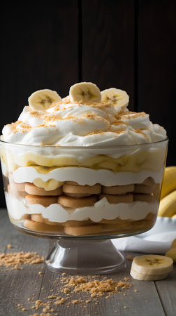 Banana cake with whipped cream in a glass bowl on wooden backgroundの素材