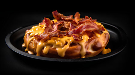 Baked bun with bacon and cheese on a black background. Toned.の素材