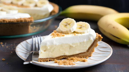 Banana cake with whipped cream and fresh bananas on a wooden tableの素材