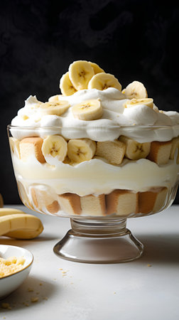Banana cake with whipped cream and fresh bananas in glass bowl on white background.の素材