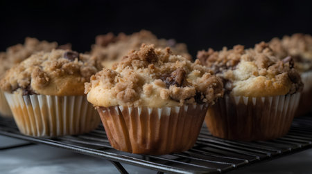 Fresh baked homemade muffins with raisins and chocolate on black backgroundの素材