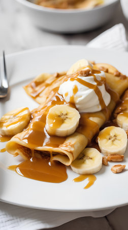 Pancakes with banana and caramel sauce on a white plate.の素材