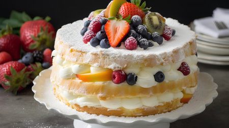 Fruit cake with whipped cream and fresh berries on a dark backgroundの素材