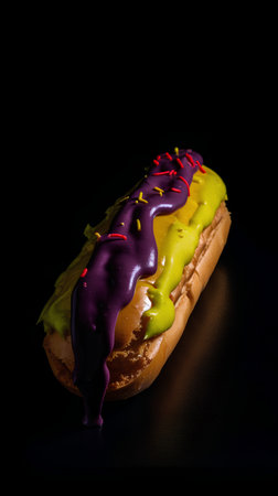 Delicious hot dog with purple and yellow glaze on black backgroundの素材