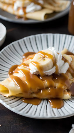 Pancakes with banana and caramel sauce on a wooden table.の素材