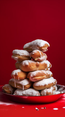 Stack of freshly baked donuts with icing sugar on red background.の素材