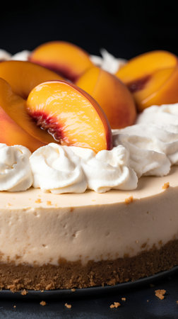 Cheesecake with peaches and whipped cream on a black backgroundの素材