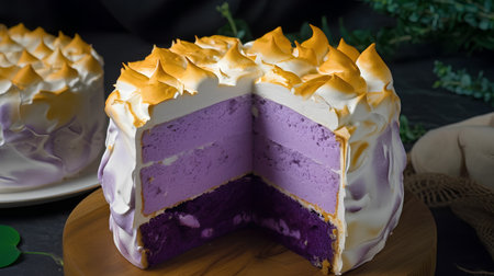 Piece of purple and yellow cheesecake decorated with whipped cream.の素材