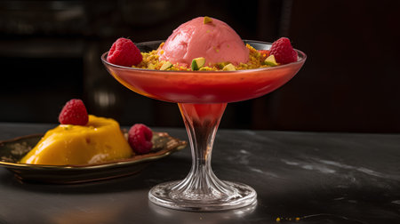 Mango ice cream with fresh raspberries and mango on dark backgroundの素材