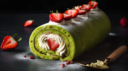 Strawberry cake roll with cream and fresh berries on black backgroundの素材