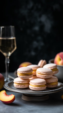 Tasty macaroons with peaches and glass of white wine on dark backgroundの素材