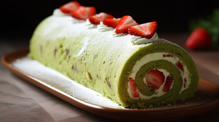 Green tea roll cake with cream and strawberries on a brown background.の素材