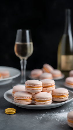 Delicious macaroons with white wine on a dark background.の素材