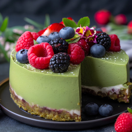 Green tea mousse cake with fresh raspberries and blueberries.の素材