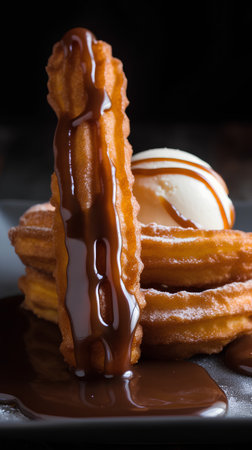 Churros with ice cream and chocolate sauce on a black backgroundの素材