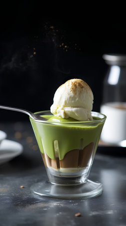 Green tea pudding with ice cream in a glass bowl on dark backgroundの素材