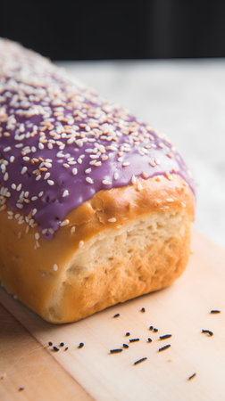 Freshly baked donut with purple icing and sesame seeds.の素材