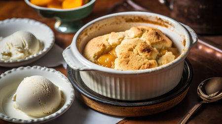 Homemade apricot crumble with vanilla ice cream in a bowlの素材