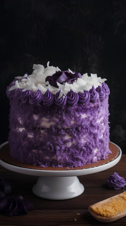 Purple cake with cream cheese frosting on a dark background.の素材