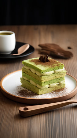 Green tea tiramisu cake on a wooden table with a cup of coffeeの素材