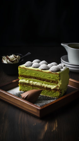Green tea cake on wooden tray, black background, selective focus.の素材