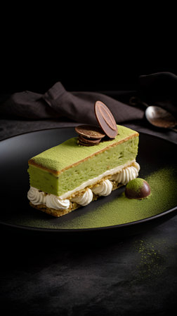 Green tea tiramisu cake on black plate. Dark background.の素材
