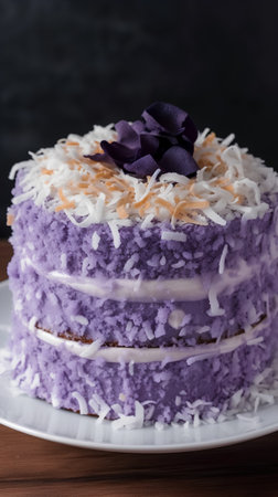 Purple cake with coconut on a dark background. Selective focus.の素材
