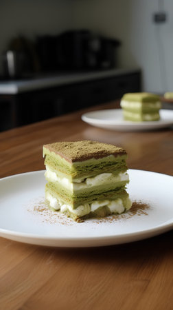 Green tea tiramisu cake on a white plate on a wooden tableの素材