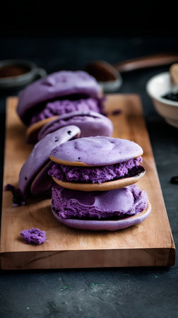 Purple macaroons on wooden cutting board on dark background.の素材