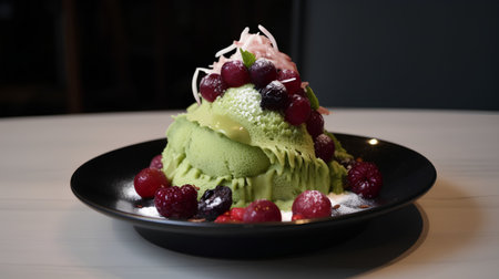 Green tea ice cream with fresh berries on a black plate on a wooden tableの素材