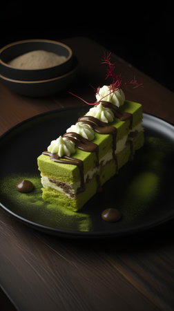Green tea tiramisu cake on a black plate on wooden backgroundの素材