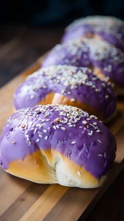 Close-up of donuts with purple icing and sesame seedsの素材
